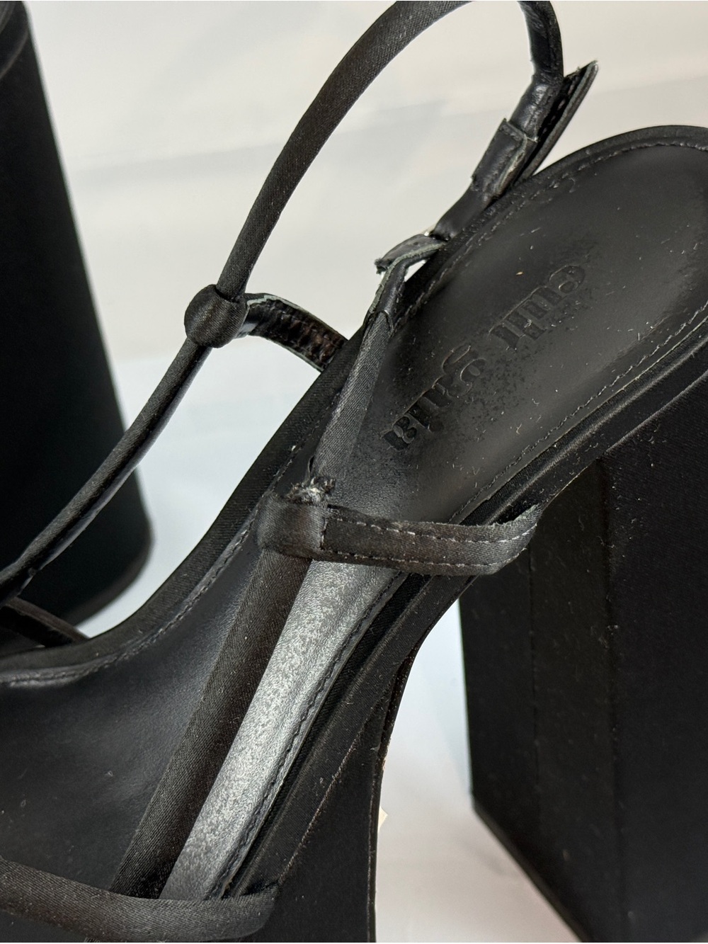 Cult Gaia Black Satin Platform Sandals - Strappy T-Strap Chunky Heel - Picture 3 of 6